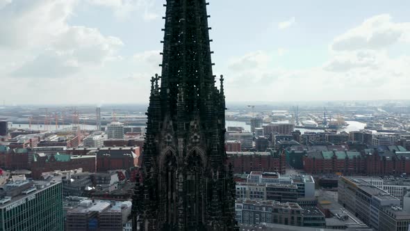 Close Up Aerial Orbit of Old Gothic St Nikolai World War Memorial Church Ruins in Hamburg City alt