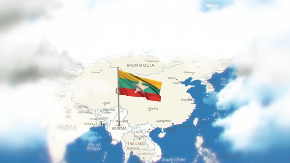Myanmar Burma Map And Flag With Clouds