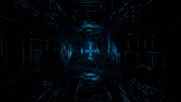 Flight Into Cosmic Web Structure, Neon Blue Square Sci-fi Tunnel