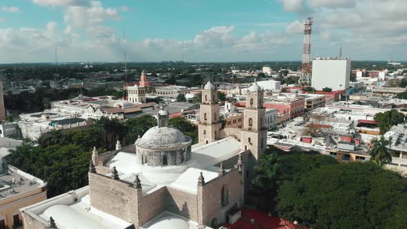 Aerial View of the Cathedral of Merida at the Grand Plaza in Merida Yucatan