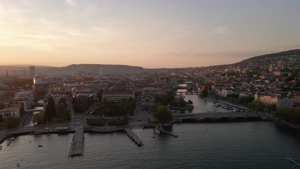 4K Drone footage of Zurich City, Swiss with beautiful Skyline Sunset 1