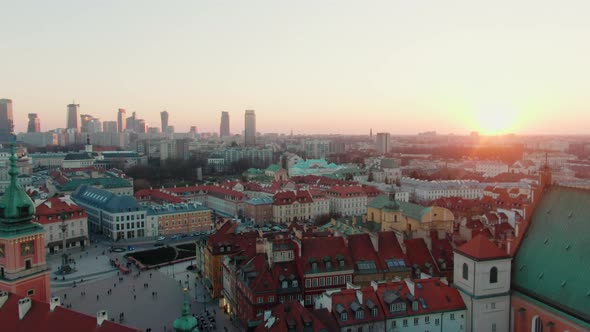 Establishing Aerial Panorama of Warsaw Cityscape Poland