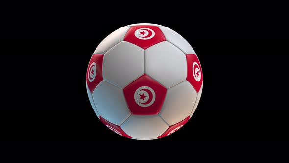 Soccer ball with flag Tunisia, on black background loop alpha