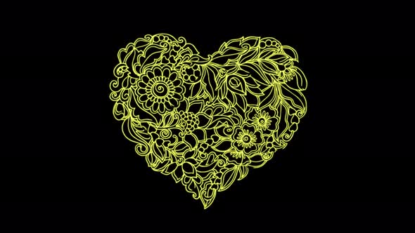 Yellow heart with graphic flowers inside with an animated outline in 4k. Awesome 2d animation. alt