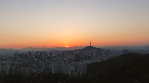 Sunrise of Seoul city and namsan Seoul tower in South Korea.