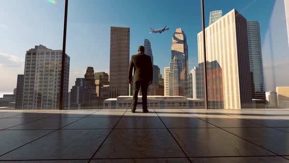 Business Man Standing On Office Floor And Looking At City Buildings