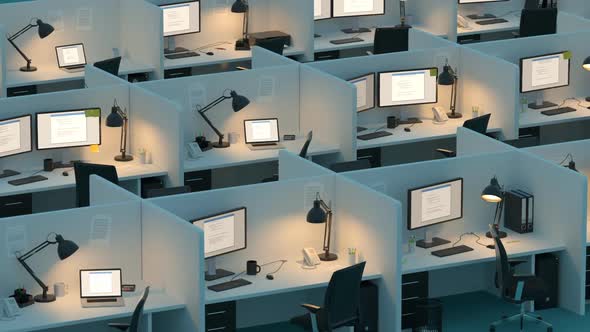 Modern office cubicles. Red error screen showing in the computer screens. alt