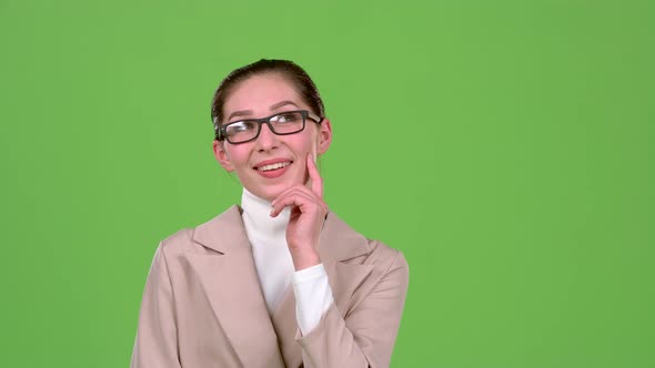 Girl Reflects on the Working Moments. Green Screen. Slow Motion alt