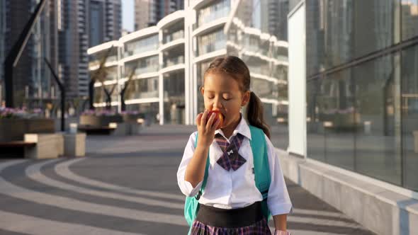 Little Pupil in School Uniform Is Going To School in City Landscape