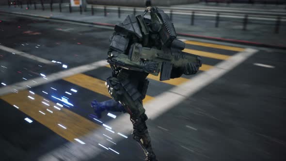 A Robot Soldier Rushes On A Mission