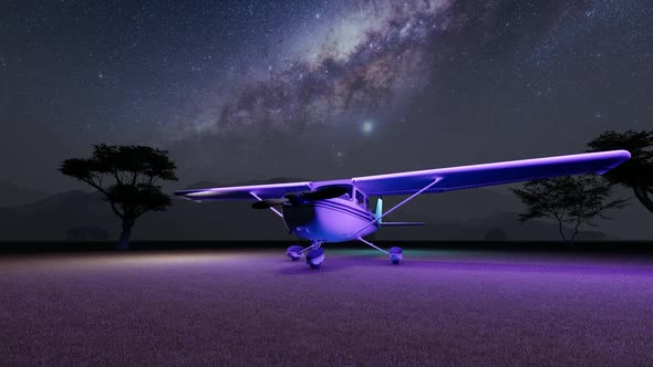 Old Airplane and Milky Way Landscape Standing on Empty Land
