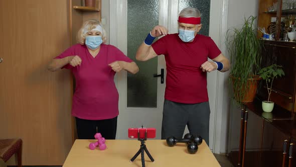 Elderly Man Woman Doing Fitness Exercises Starting Live Stream Vlog Blog Online Distance Course alt