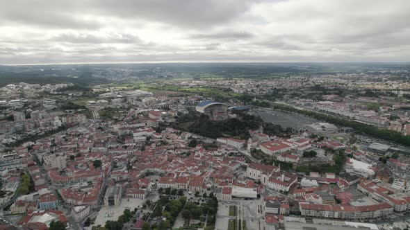 High view from above of Leiria Cityscape horizon on cloudy day, Portugal