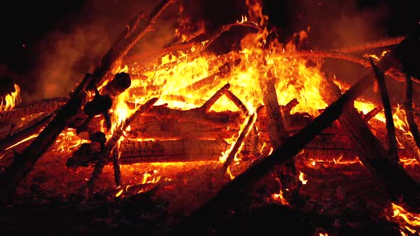 Big Bonfire of the Logs Burns at Night in the Forest alt