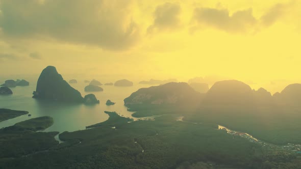 Phang Nga National Park in Thailand Dramatic Epic Sunset Behind Rock Islands alt