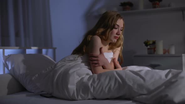 Depressed Girl Crying in Bed, Suffering Ptsd After Sexual Abuse, Humiliation alt