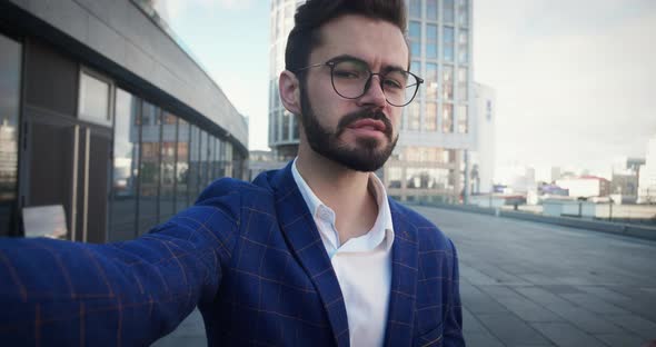 Beautiful Bearded Startup Businessmen Have Online Video Chat with Friends alt