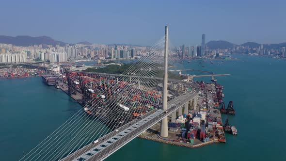 Top view of Hong Kong container port and Ting Kau bridge