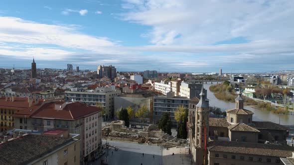 Aerial Town Scene of Zaragoza with River Ebro Spain alt