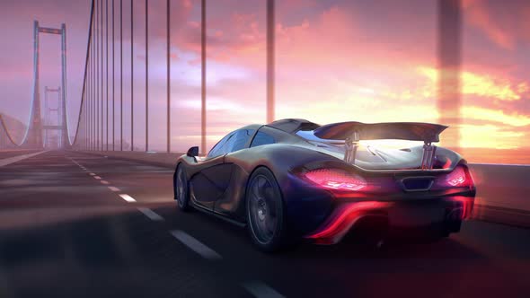Supercar Racing Through Glowing Bridge Against the Sky on the Sunset Seamless Loop