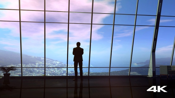 Businessman Standing In Front Of A Window From Dawn To Dusk 4K alt