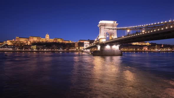 Evening timelapse of Chain Bridge and Buda Castle