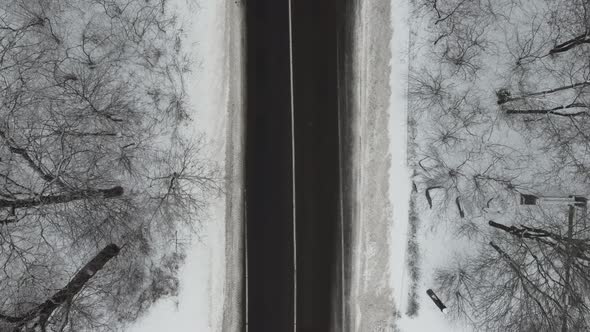 Aerial View of Winter Road Trough Snow Covered Forest alt