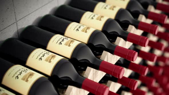 Animation showing huge amount of wine bottles on the wooden shelve. Loopable. HD alt