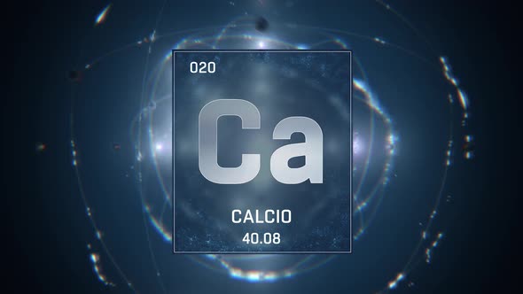 Calcium as Element 20 of the Periodic Table on Blue Background in Spanish Language