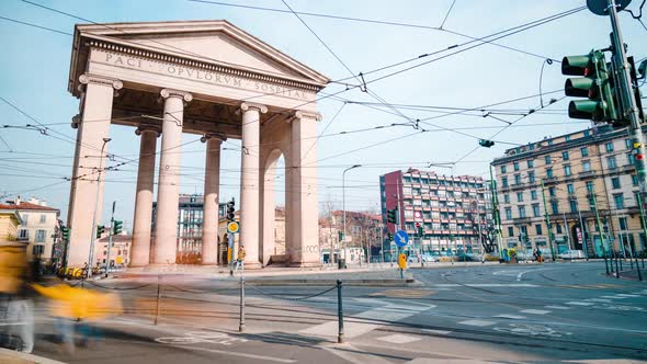Porta Ticinese of Milan with traffic, public transport and people, timelapse, 4k