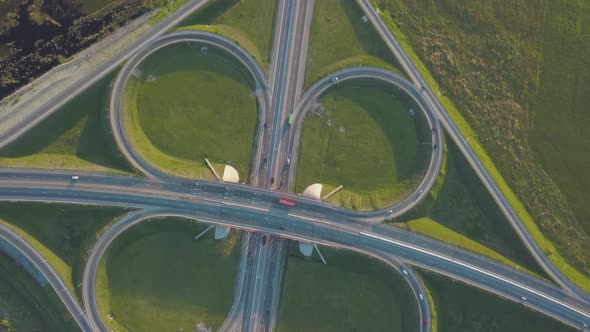 Summer Aerial Footage of Transport Junction, Traffic Cross Road Junction Day View From Above