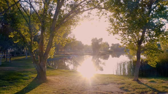 Spectacular aerial parallax of sunrise over park lake on colorful fall morning alt