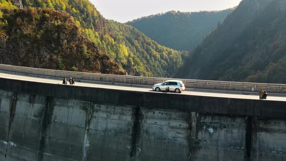 Aerial drone view of nature in Romania. Valley in Carpathian mountains with Vidraru dam alt