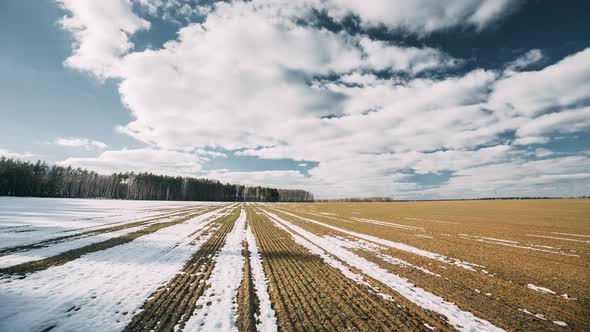 Spring Plowed Field Partly Covered Winter Melting Snow Ready For New Season. Ploughed Field In Early alt