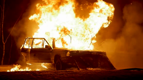 Car Explosion On Night, Car On Fire, Burning Car