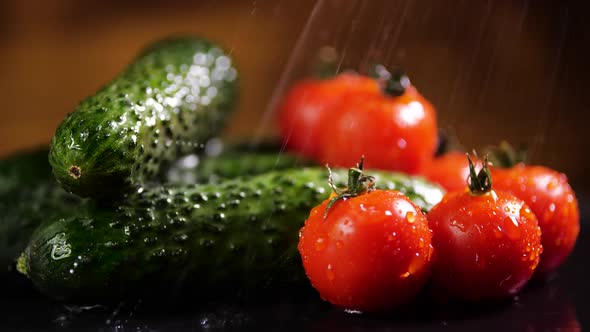 Tomatoes and Cucumber With Drops of Water, Beautiful Macro , Raw Organic Vegetables, Chery Tomato alt
