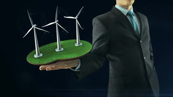 Business Man Has on Hand Green Energy Concept Build Animation Windmill Black