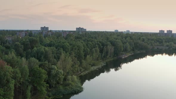 Drone View of Pripyat Ghost Town and River alt