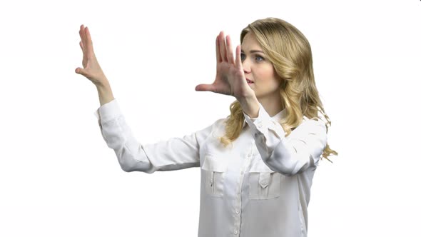 Woman Working with Imaginary Virtual Screen alt