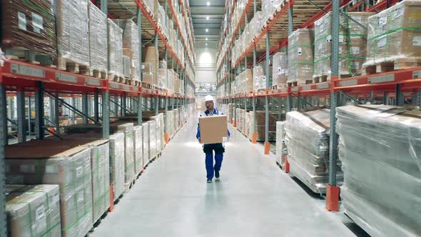Storehouse Worker is Carrying a Heavy Box Through the Premises alt