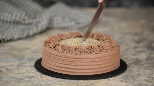 Delicious chocolate cake with nuts. Cutting chocolate cake with a kitchen knife