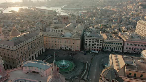 Establishing Aerial Shot of Central Genoa City Piazza De Ferrari Italy Europe