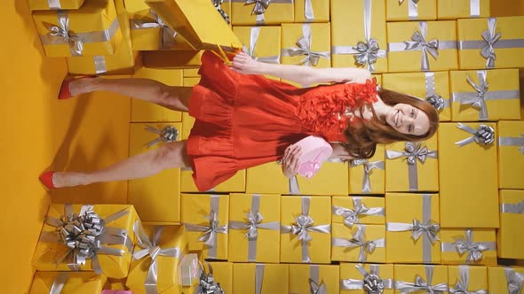 Funny Young Woman with Red Hair Posing in Front of the Camera with Her New Bag Shopping Party New alt