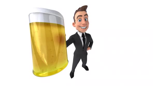 Fun 3D cartoon business man with a beer alt