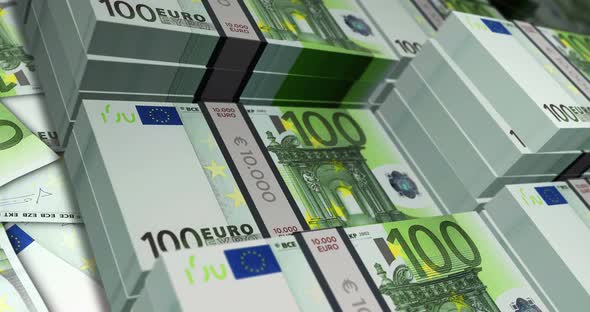 Euro 100 banknote packs - flying over EUR money stack