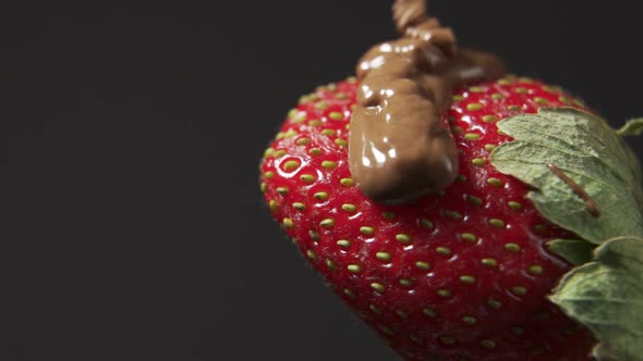 Hot Melted Dark Chocolate is Poured Onto Delicious and Fresh Red Strawberries on a Wooden Table