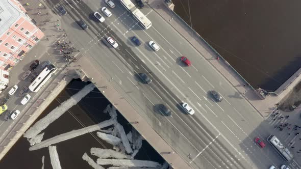 Aerial View of Nevsky Avenue With Cars and Anuchkov Bridge In St. Petersburg