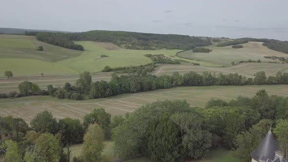 Aerial view of rural landscape near Chateau de La Cote. France Bordeaux village countryside nature