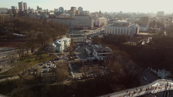Scenic Top Panoramic View of Kyiv City Podol Old Center Dnepr River Rybalskiy Island Panoramic