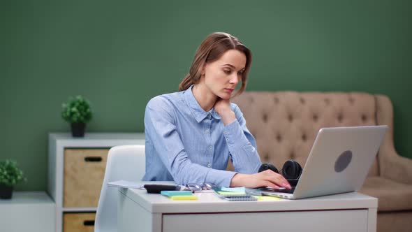 Pensive Tired Young Business Woman Working at Laptop Pc alt